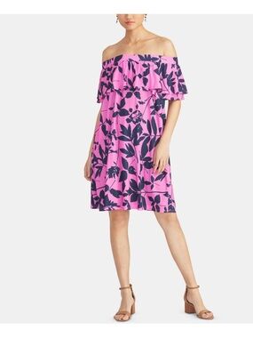 🩷RACHEL ROY Hot Pink Navy Floral Off-Shoulder Ruffle Neckline Shift Dress XS🩷